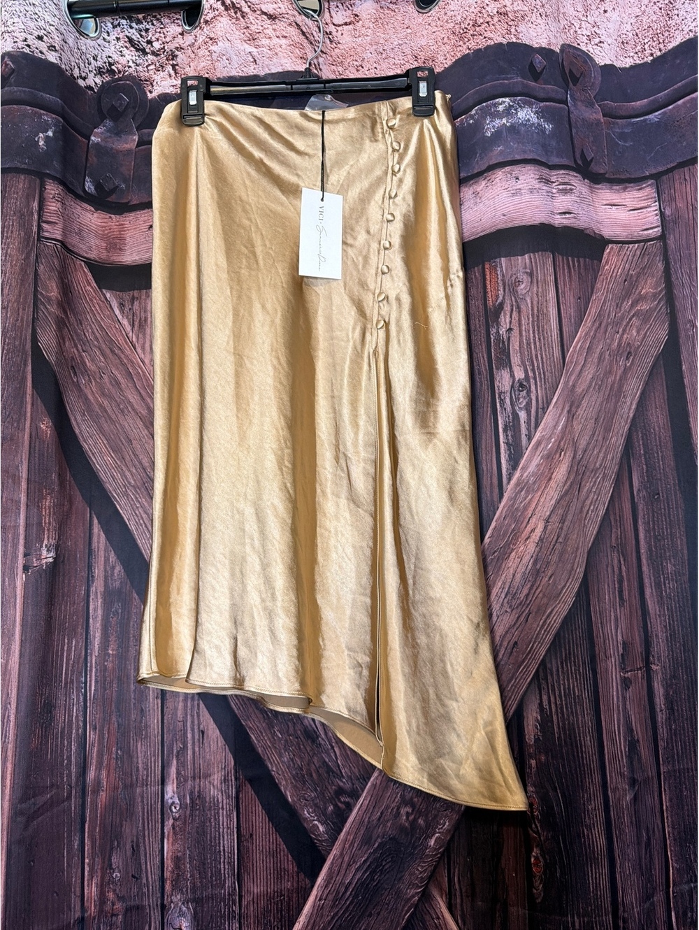NWT VICI x Summer of Dane Gold Satin Asymmetric Midi Skirt, Size M